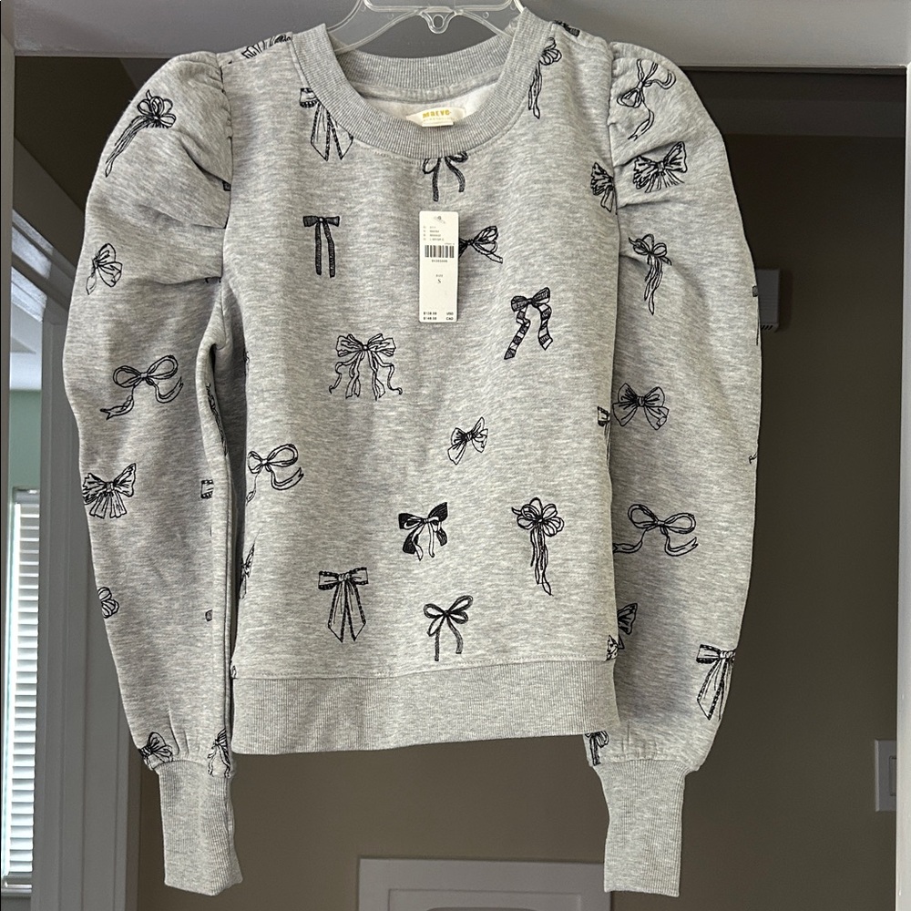 Maeve Puff Sleeve Embroidered Bow Sweatshirt